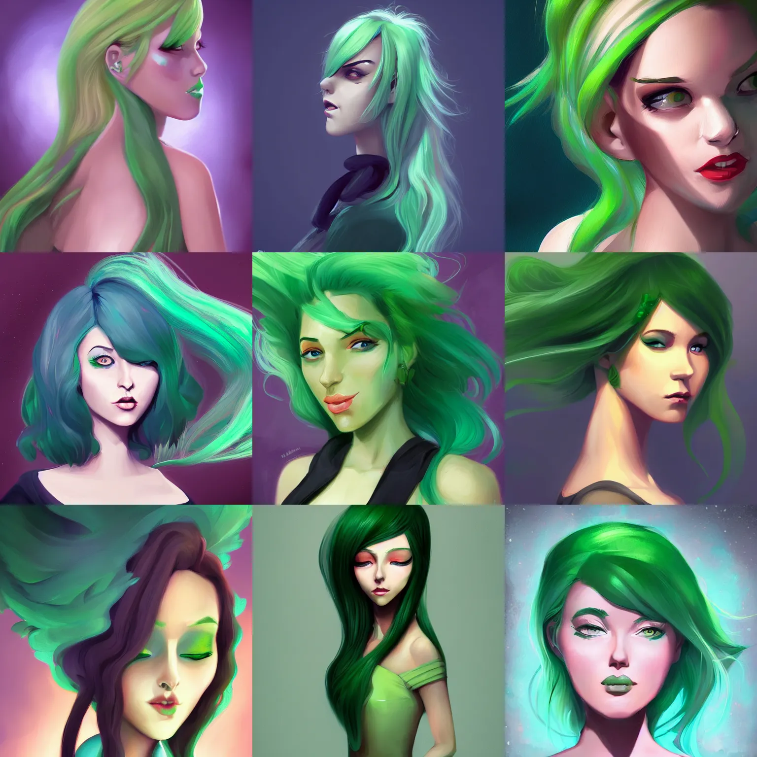 Prompt: a digital painting of a woman with green hair, a character portrait by Lois van Baarle, featured on cgsociety, digital art, digital painting, deviantart hd, digital illustration
