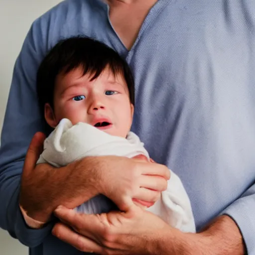 Prompt: a man holding his new born baby who has existential crisis