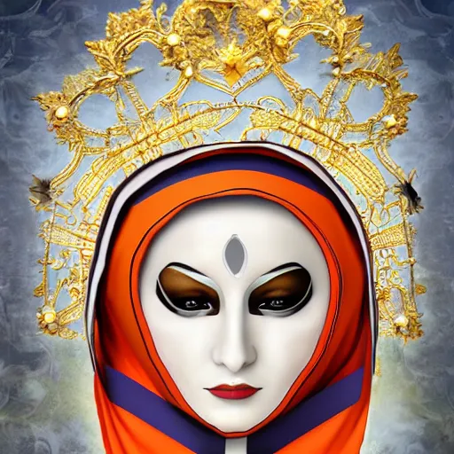 Image similar to beautiful female character inspired by venice carnival and nun | | digital artwork made by greg rutswork and lois van barlee, symmetrical, anatomically correct