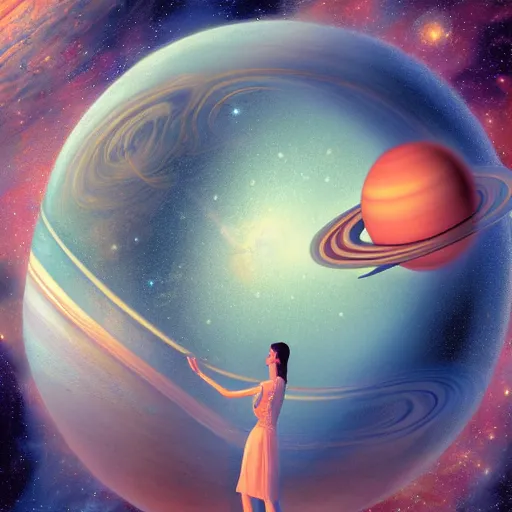 Prompt: all of the planets revolving around a giant Woman, beautiful, oil on canvas, intricate, 8k highly professionally detailed, HDR, CGsociety