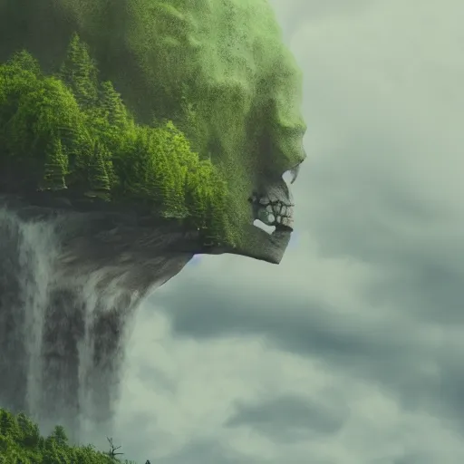 Image similar to giant floating skull mountain, surrounded by clouds, trees on scalp, waterfall, octane render, colored pencil