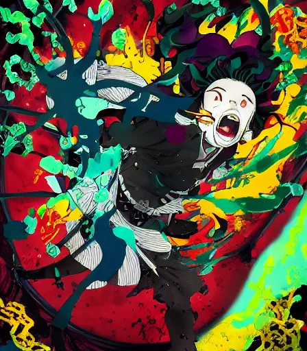 Image similar to Kimetsu no Yaiba by Alex Pardee and Nekro and James McDermott,unstirred paint, vivid color, cgsociety 4K