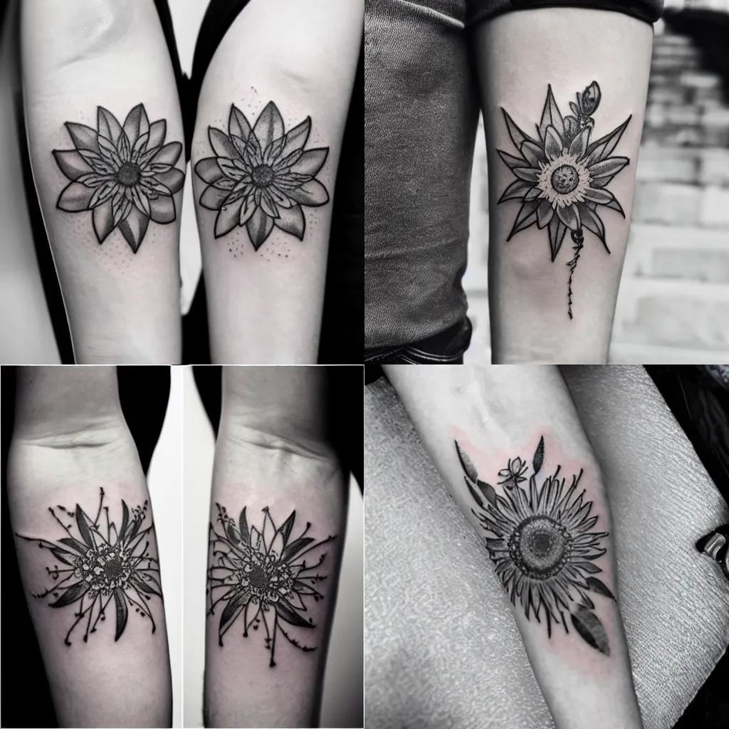 Prompt: detailed black and white tattoo of two edelweiss flowers intertwined