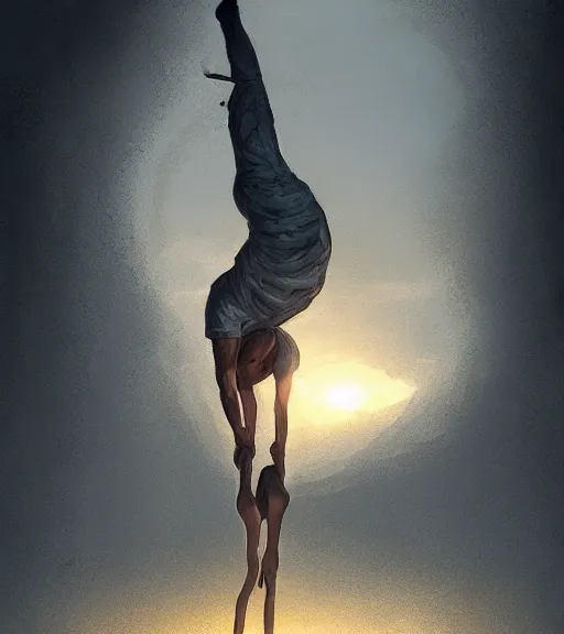 Image similar to Portrait of angel doing handstand acrobatic movement, in the apocalyptic sunrise, countryside, dimly lit, wispy smoke, intricate, highly detailed, digital painting, artstation, concept art, sharp focus, illustration, art by einar jonsson