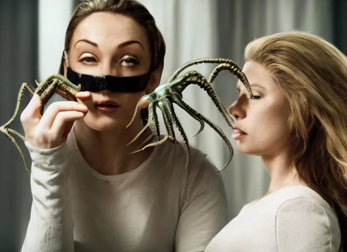 Image similar to movie still of a beautiful woman with a alien facehugger on her face, cinematic full shot.