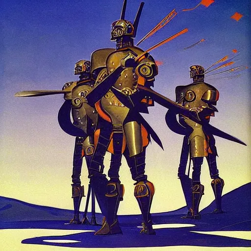 Image similar to a painting of shining metal medieval armors soldiers on the ground by eyvind earle by bruce pennington nicholas roerich, by frank frazetta, by amano, by georgia o keeffe, reflective metallic