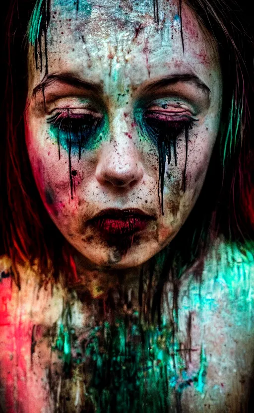 Image similar to grungy woman crying luminescent paint, dark, horror, cinematic, Sony a7R IV, symmetric balance, polarizing filter, Photolab, Lightroom, 4K, Dolby Vision, Photography Award