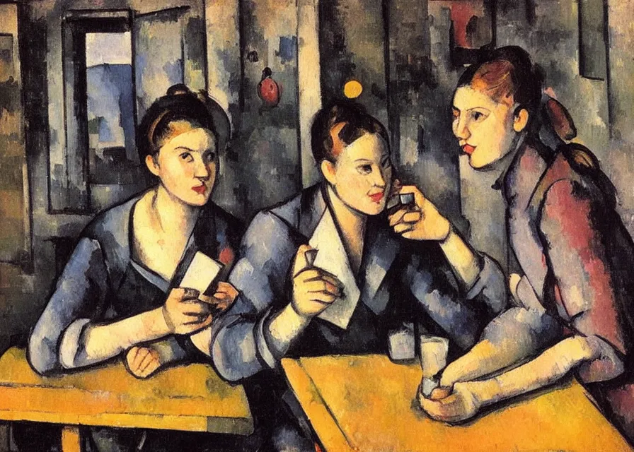 Image similar to in the style of paul cezanne. two hyperpop girls with black and neon clothes sitting at a wooden table in a bar looking at their phones. there is a bright red lamp hangig above the table. milkshakes. dim light. jouers des cates.