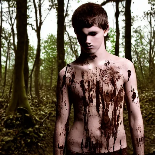 Prompt: a teenage boy, around 1 9 yo. looking sad. natural brown hair. loincloth, pale skin. muddy face. ominous and eerie looking forest i'm background. natural colors.