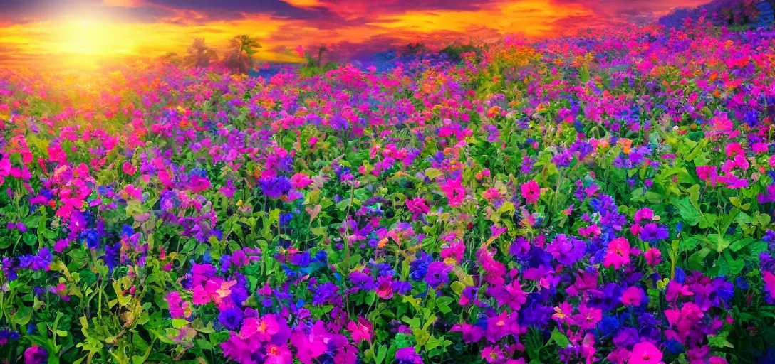 Image similar to an impossible field of beautiful neon colored flowers with a beautiful sunset, vaporwave