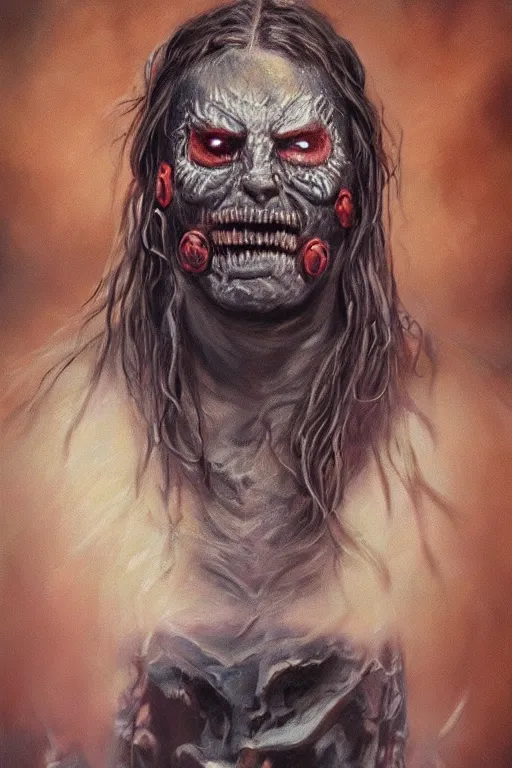 Image similar to high detail fantasy portrait oil painting illustration of slipknot by justin sweet, insane, realistic proportions, d & d, rpg, forgotten realms, artstation trending, high quality, sombre mood, artstation trending, muted colours