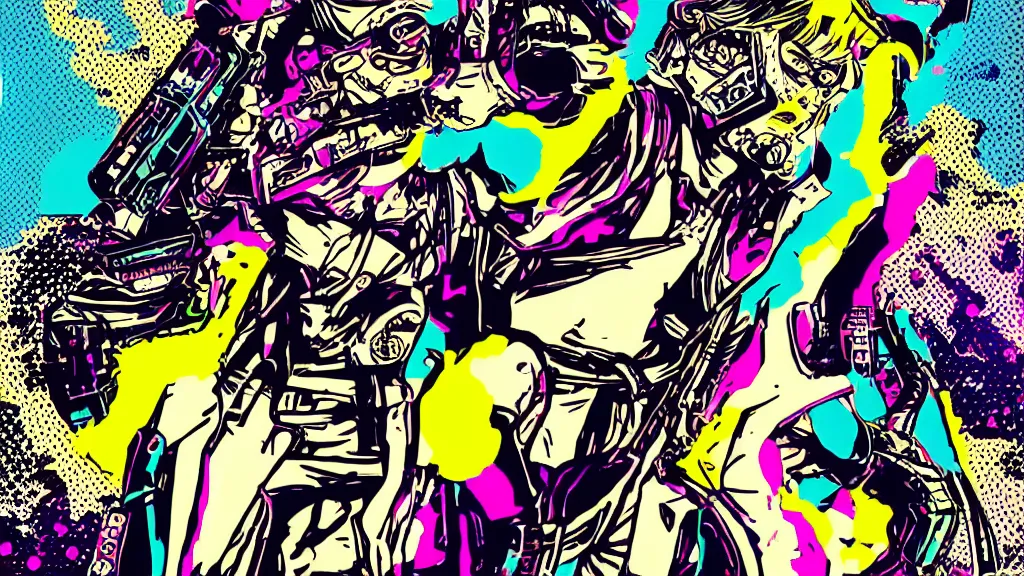 Image similar to hotline miami futuristic japanese cyberpunk by roy lichtenstein, by andy warhol, ben - day dots, pop art, bladerunner, pixiv contest winner, cyberpunk style, cyberpunk color scheme, mechanical, high resolution, hd, intricate detail, fine detail, 8 k