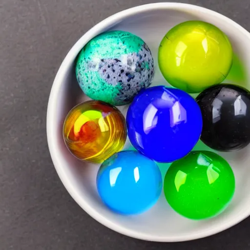 Image similar to a bowl full of coloured marbles top down view