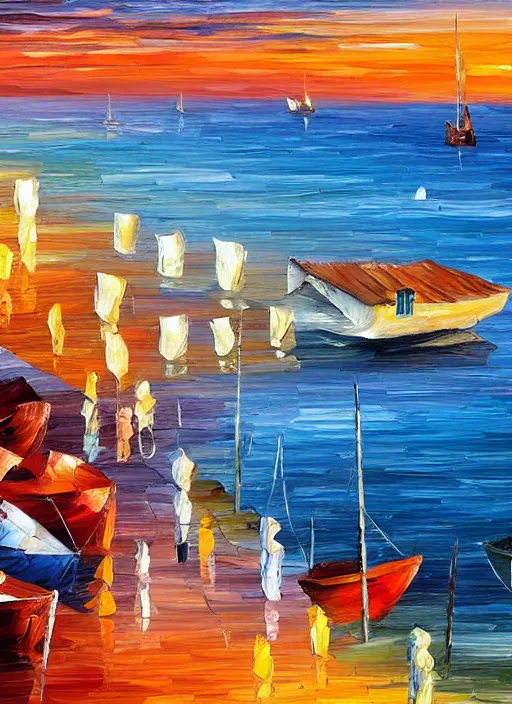 Prompt: beautiful seaside greek village and boats at sunset in the style of leonid afremov