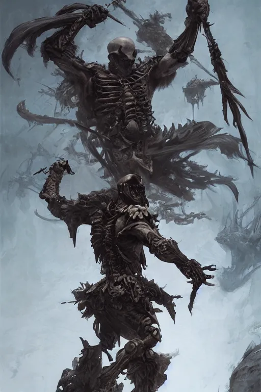 Image similar to skeleton warrior, dark, intricate, highly detailed, epic, digital painting, artstation, concept art, digital illustration by Ruan Jia and Mandy Jurgens and Wayne Barlowe and Greg Rutkowski and Zdislav Bekinski