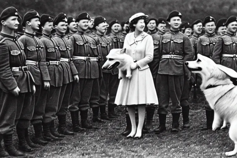 Image similar to ultra wide 1 9 4 6 historical far away photo of young queen elizabeth and her corgi army accepting the surrender of the german army, highly detailed