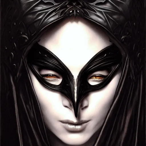 Image similar to portrait of a young woman in a raven masquerade mask, dark, piercing eyes, exotic expression, esoteric clothing, photorealistic, highly detailed, mysterious lighting, artstation, smooth, sharp focus, art by michael whelan, artgerm, greg rutkowski and luis royo