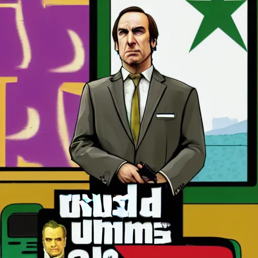 Image similar to saul goodman in the style of gta v cover art