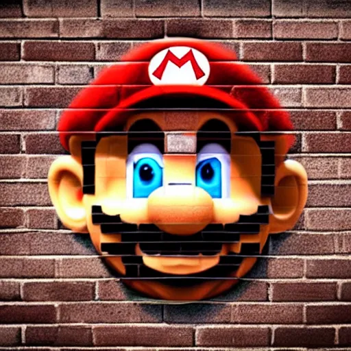 Prompt: super mario peeking behind a brick wall, gritty, dark, scary