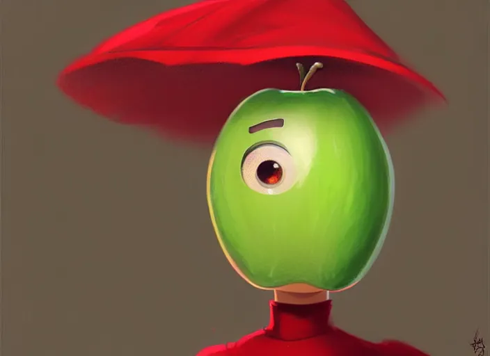 Prompt: a digital painting of a beautiful anthropomorphic humanoid green apple wearing a red dress, by netter, style from greg rutkowski, googly eyes, full frame, oil painting, featured on artstation, concept art, smooth, sharp focus, illustration, very detailed, ambient lighting, unreal engine render, concept art by Atey Ghailan, by Loish, by Bryan Lee O'Malley