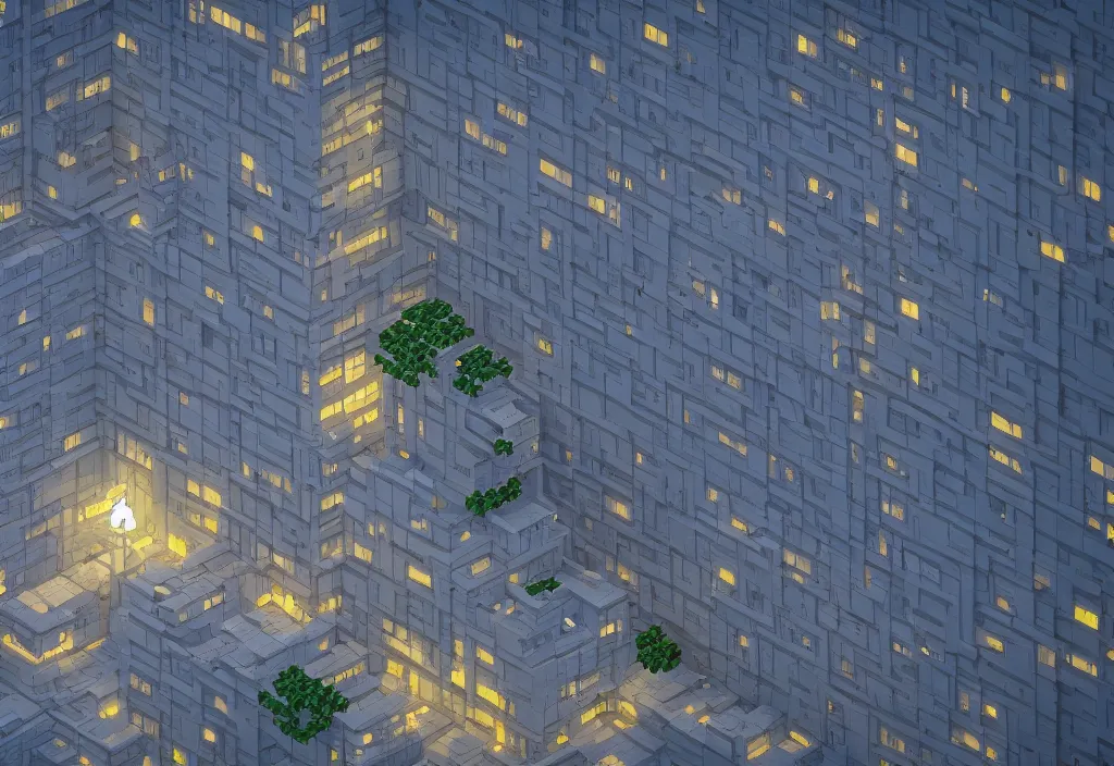 Image similar to a giant building, magicavoxel cinematic lighting, 4k