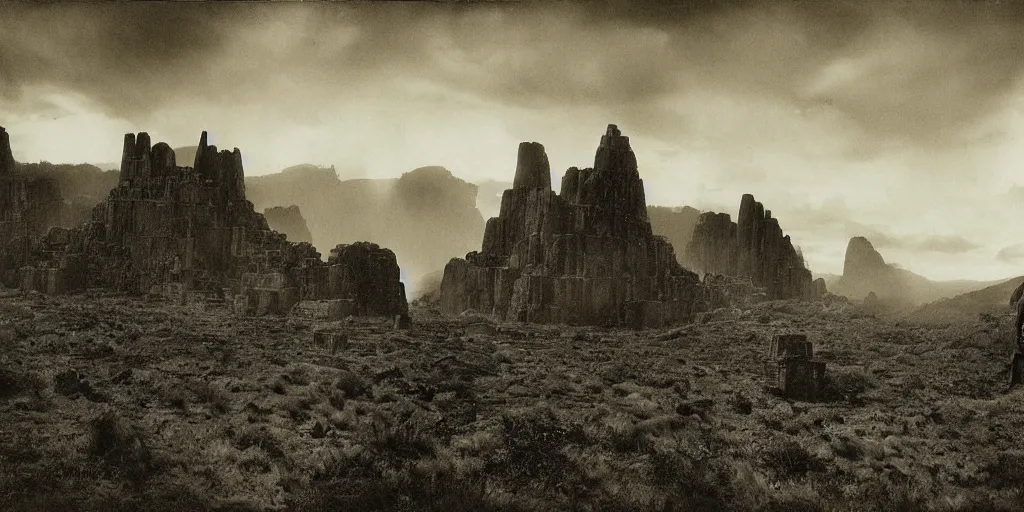 Prompt: lost city the future, scifi, blade runner on the auyan tepui, vintage photograph, bw, by edward s curtis, realistic,