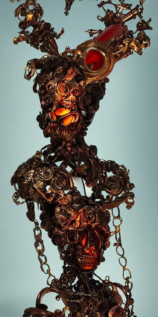 Image similar to a young handsome Spanish metal android with a large glowing red lit crystal in the center of his chest, full-body bronze cyberpunk style statue of Icarus with glowing purple eyes, crown of mechanical peach roses, flowing teal-colored silk, fabric, steampunk flowers. baroque elements, human skull. full-length view. baroque element. intricate artwork by caravaggio. many flying horses on background. Trending on artstation, octane render, cinematic lighting from the right, hyper realism, octane render, 8k, depth of field, 3D
