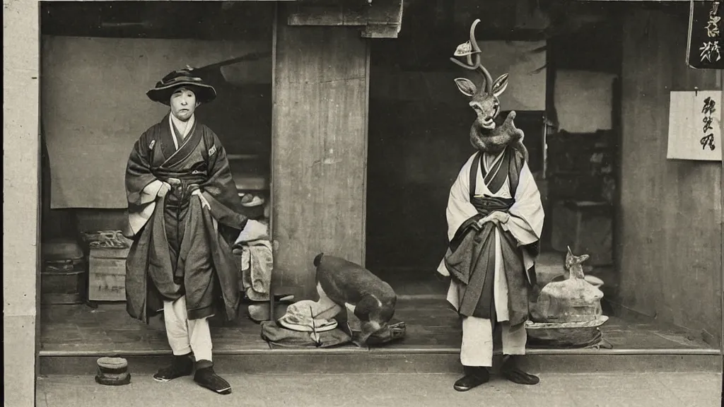 Image similar to 1 8 th century japanese street market in kyoto 1 9 0 0 s early photography portrait anthro anthropomorphic deer head animal person fursona wearing clothes street trader