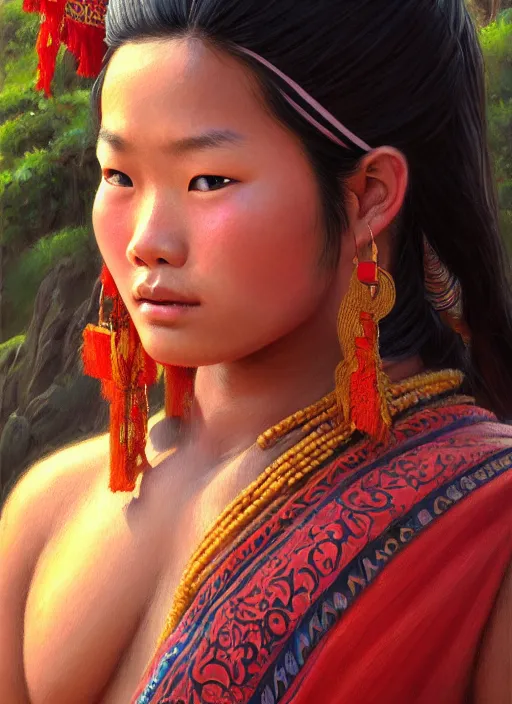 Prompt: portrait of a beautiful teen tai lue ethnic north thailand, closeup portrait, historical, ethnic group, traditional costume, elegant, loin cloth, highly detailed, oil painting, artstation, concept art, matte, sharp focus, illustration, hearthstone, art by earl norem