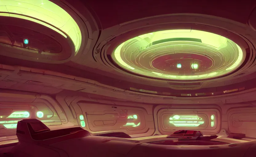 Image similar to Interior shot of a futuristic spaceship by Petros Afshar and Beeple, James Gilleard, Mark Ryden, Wolfgang Lettl highly detailed