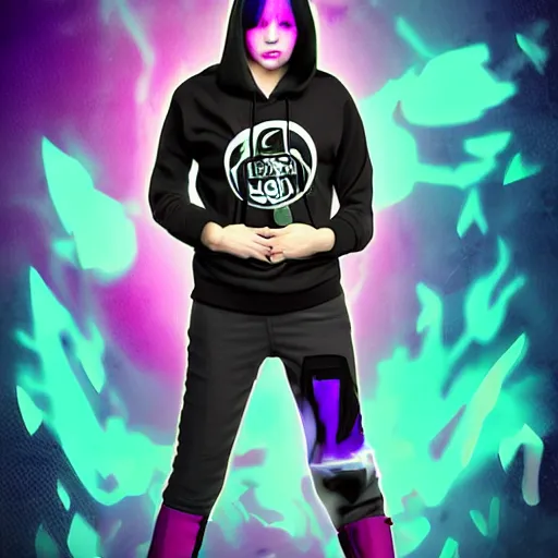 Image similar to poster artwork, sci fi, a female, full body, black hoodie techie, black hair with purple streaks, 8 k