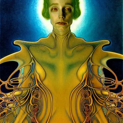 Image similar to realistic extremely detailed portrait painting of a ghost silhouette, futuristic sci-fi landscape on background by Jean Delville, Amano, Yves Tanguy, Alphonse Mucha, Ernst Haeckel, Edward Robert Hughes, Roger Dean, rich moody colours, blue eyes