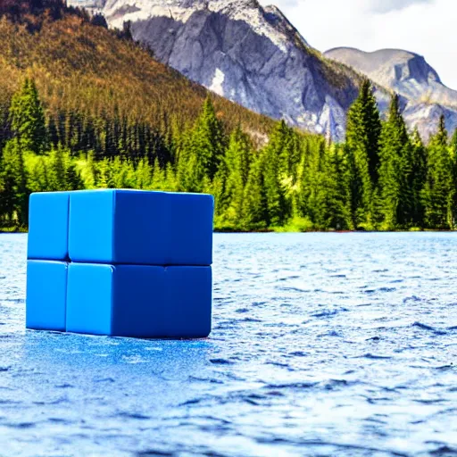 Image similar to a blue cube splashing into a turbulent lake