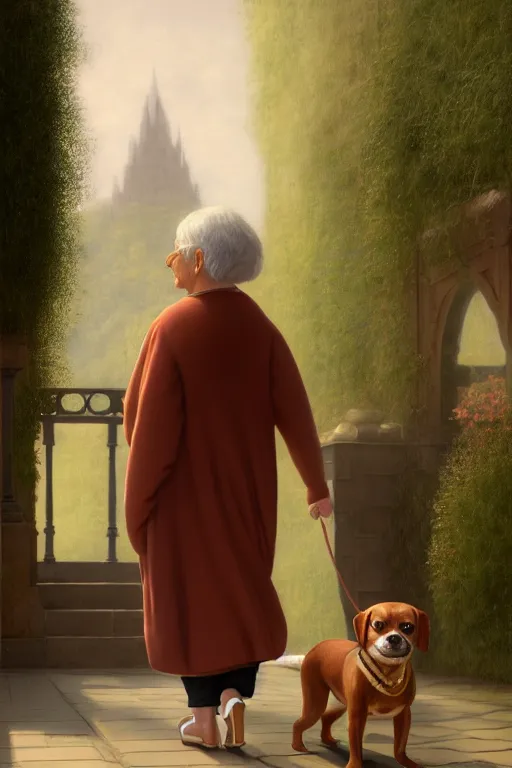 Image similar to A Midget Dog With Pete Davidson’s Face Being Walked By Kim Kardashian As An Old Lady illustration, soft lighting, soft details, painting oil on canvas by Edmund Blair Leighton and Charlie Bowater octane render, HDR, trending on artstation, 4k, 8k, HD