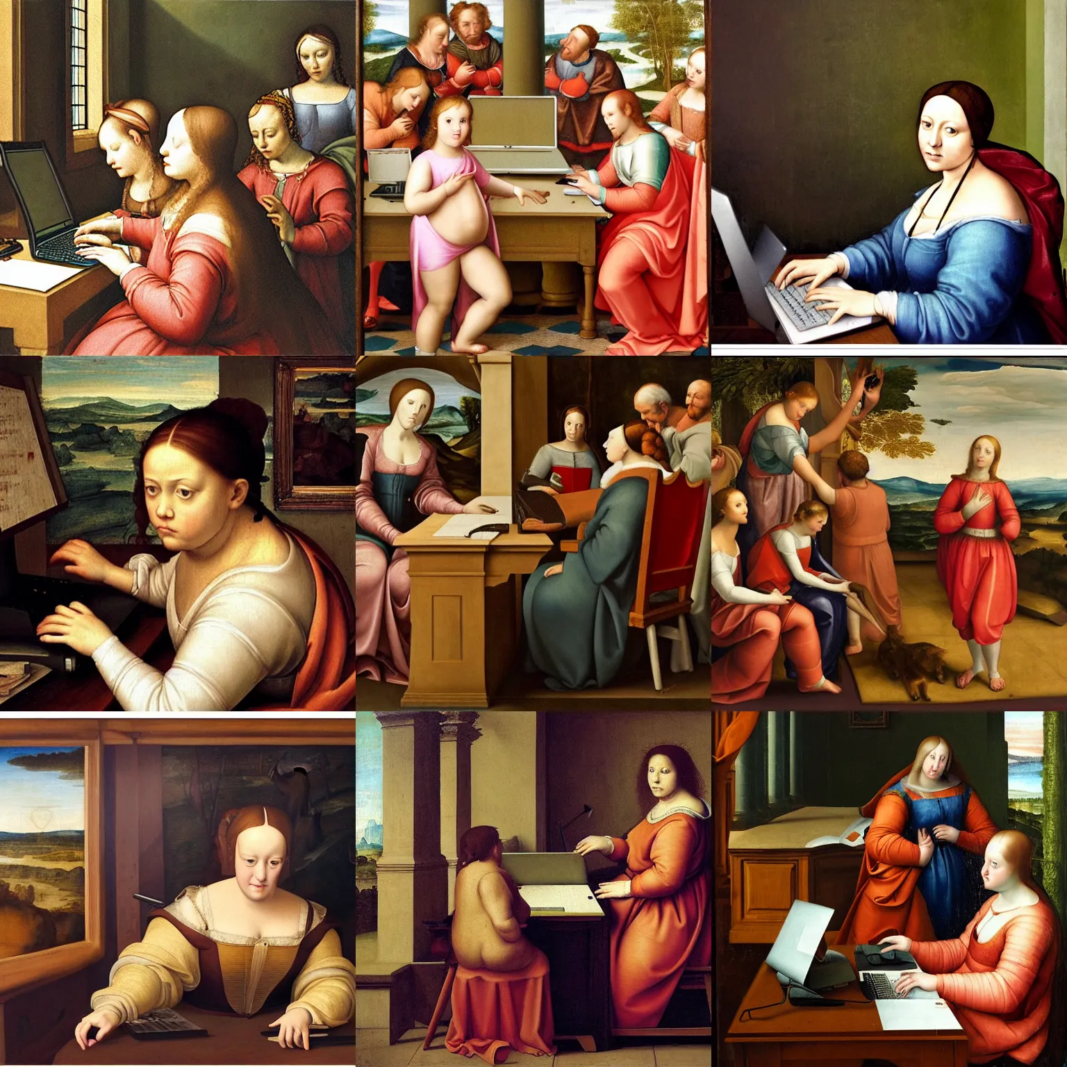 Prompt: a renaissance painting of an office with one chubby girl typing in front of a desktop pc