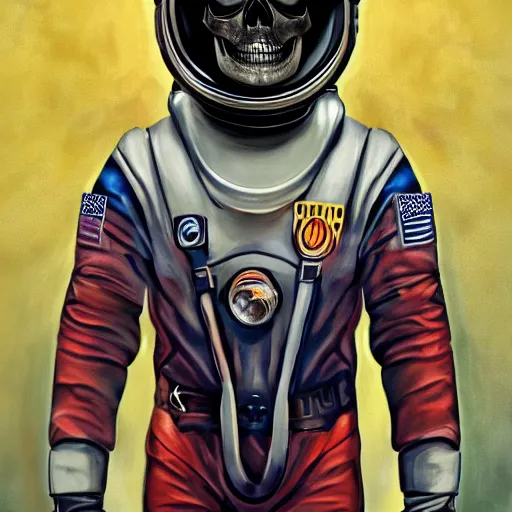 Prompt: an artistic painting shows a skull wearing a space suit and a beret, cinematic, 8 k, realism, 4 k resolution, render