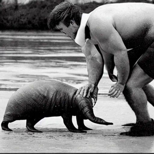 Image similar to phil hawkins, a small man, wrestles a huge walrus