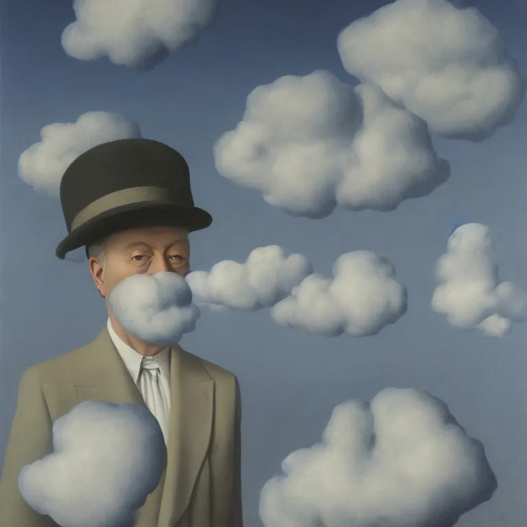 Image similar to portrait of a spooky ghost, clouds in the background, by rene magritte, detailed painting, distance, middle centered, hd, hq, high resolution, high detail, 4 k, 8 k