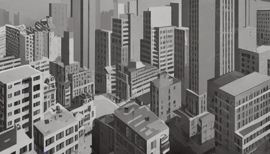 Image similar to american city, modern times, an apartment building, four stories high, with a huge water tank on the roof. the color of the picture is gray, and the painting style is realistic and retro