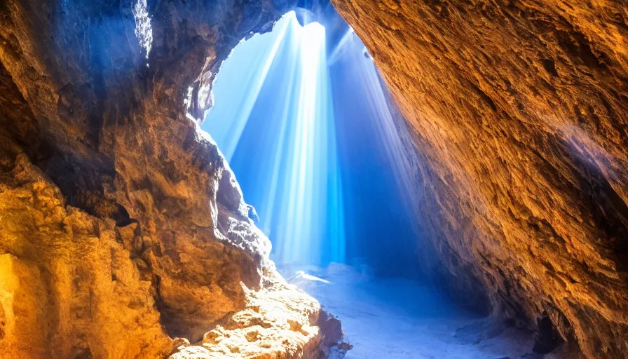 Image similar to Blue cave during the day ,god rays, incredible lighting, 4k photography award winning,