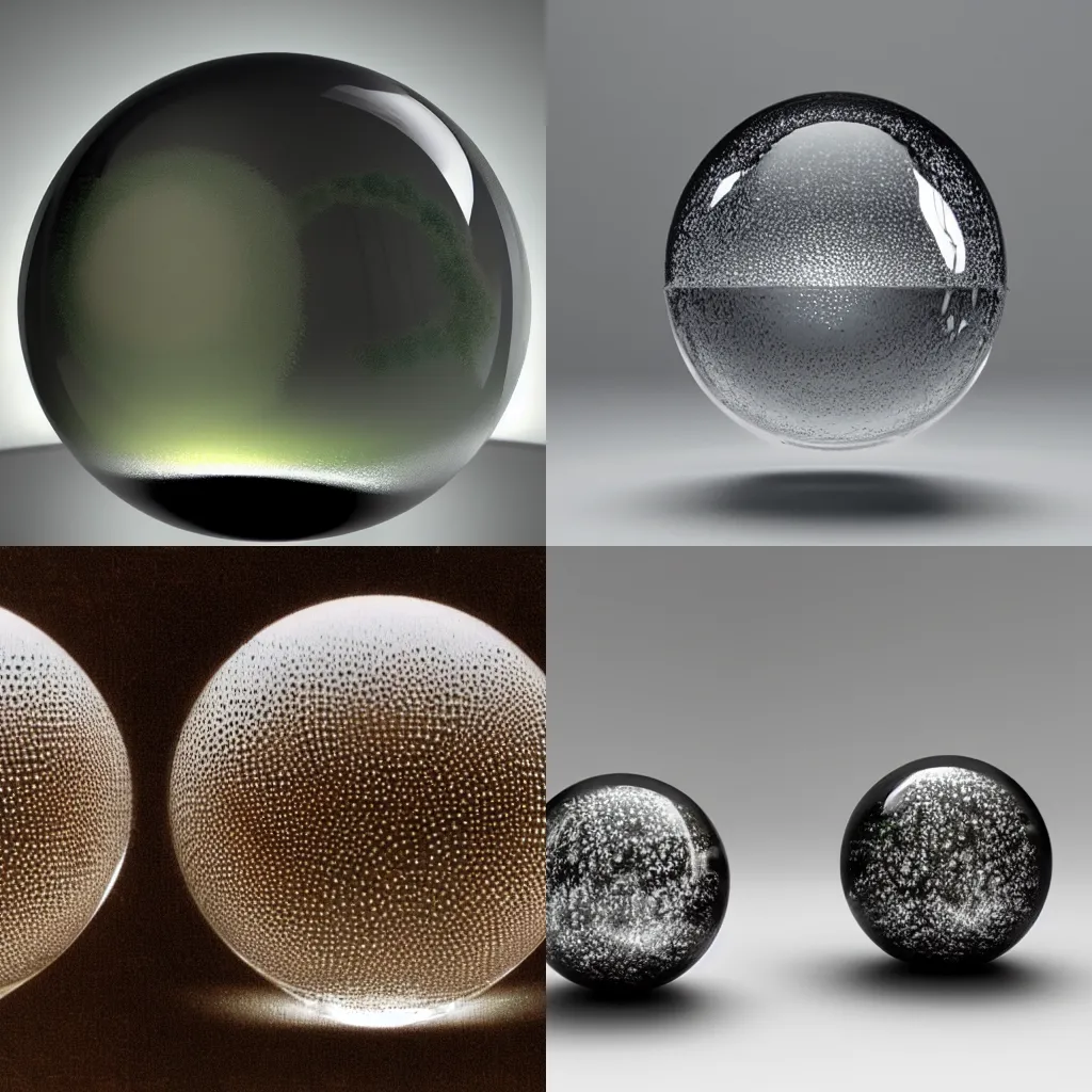 Prompt: 3d glass spheres, caustics, on a surface of dark wood, water drops