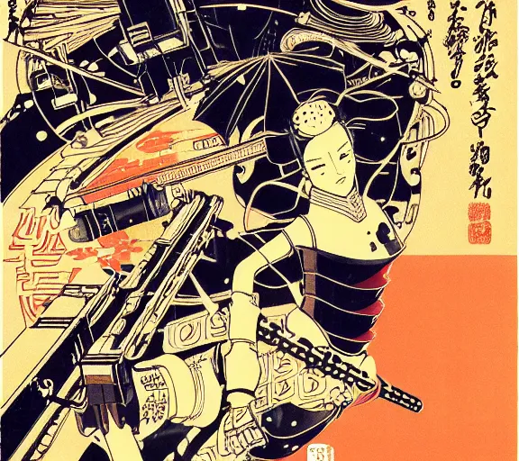 Image similar to futuristic japanese cyberpunk bladerunner silk screen by utagawa yoshiiku, ohara koson, pixiv contest winner, cyberpunk style, cyberpunk color scheme, mechanical, robotic, human machine interface, high resolution, hd