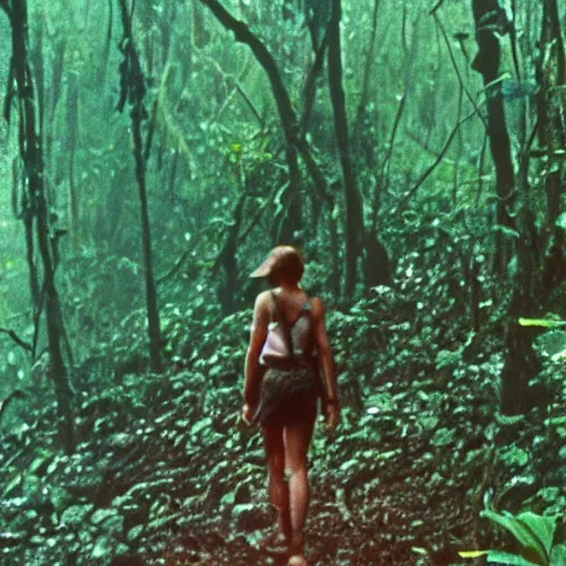 Image similar to film still, close up, emma watson soldier hiking through dense vietnam jungle, mist, film still from apocalypse now ( 1 9 7 9 ), 2 6 mm, kodak ektachrome, blue tint ektachrome film,