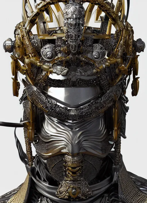 Image similar to hyper realistic glorious ancient samurai in a obsidian metal armor, futuristic design, designed by makoto kobayashi and luca zampriolo, portrait, cyberpunk style, wood and gold details, intricate, extremely detailed, ornate, deep of field, hard surface, exoskeleton, substance designer metal unreal engine. amazing likeness. very detailed.