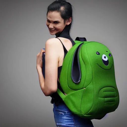 Image similar to A hyperrealistic green backpack with a face smiling, studio lighting, photoshoot, 8k, trending on artstation