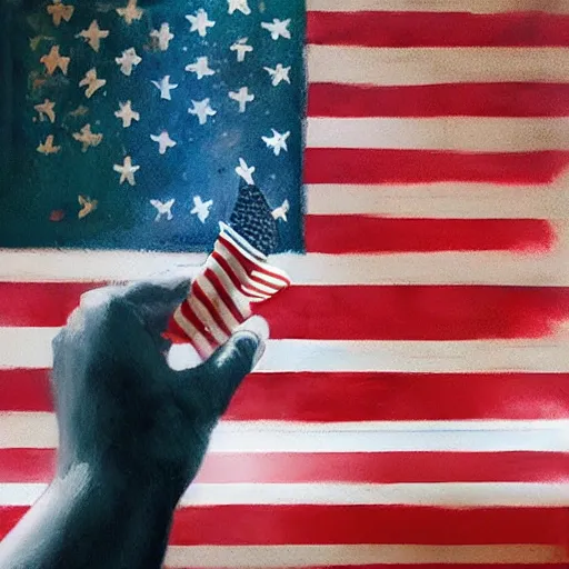 Image similar to child's hand holding a very tiny american flag in the forest, digital art by ruan jia and mandy jurgens and artgerm, highly detailed, trending on artstation, award winning