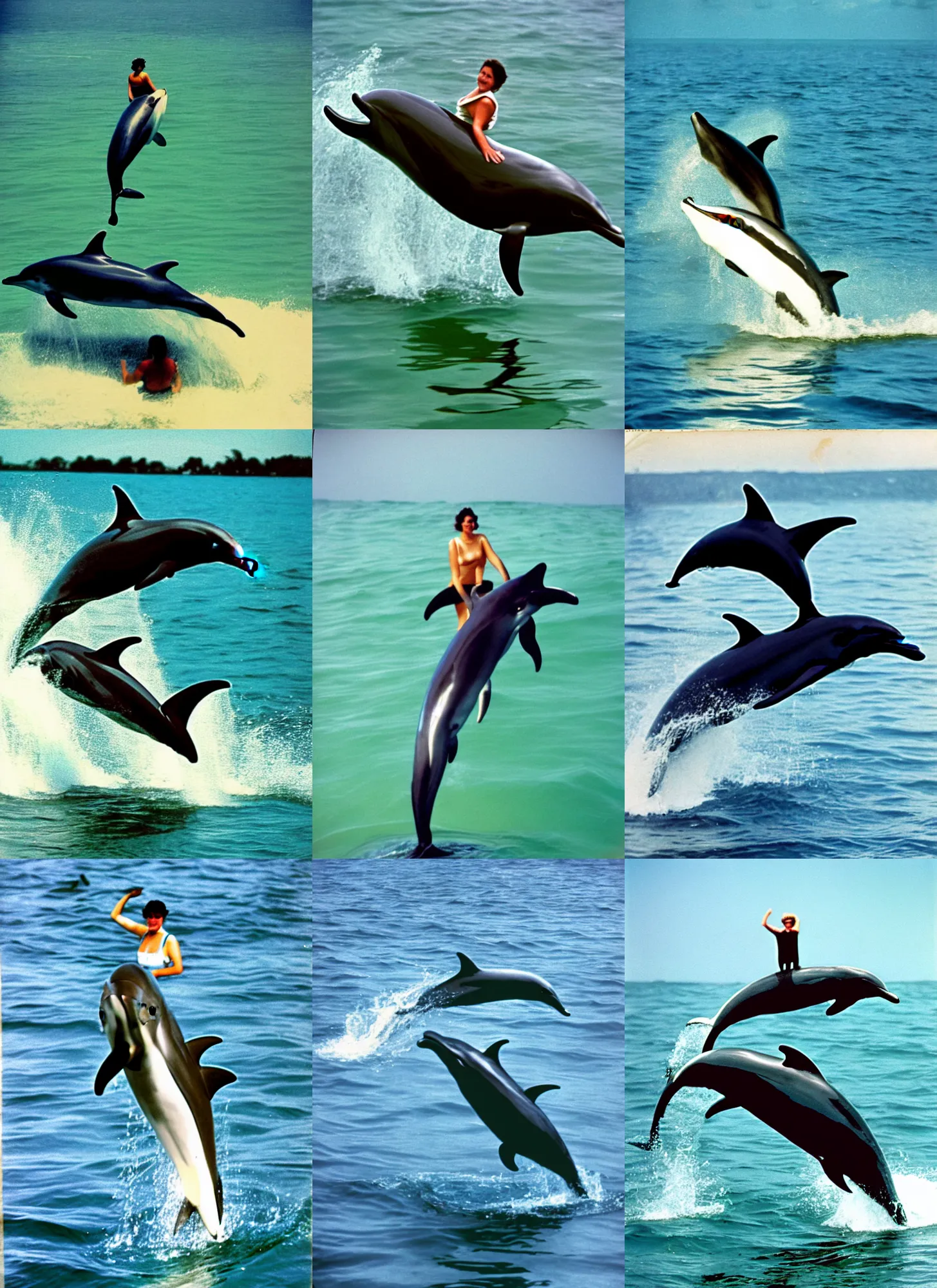 Prompt: a person riding a dolphin ; 9 0's professional color photograph