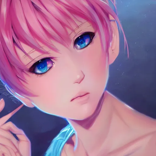 Prompt: anime portrait of a girl, bikini, short pink hair, azure blue eyes, full body, cute, detailed, by Stanley Artgerm Lau, WLOP, Rossdraws, James Jean, Andrei Riabovitchev, Marc Simonetti, and Sakimichan, trending on artstation