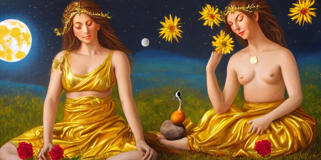 Prompt: very realistic beautiful painting of a goddess wearing a short metallic golden skirt holding flowers and levitating a pear, sun on the left moon on the right as she is sitting on a rock at night time, realistic 8K HD