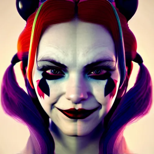 Prompt: facial portrait of a pretty harley quinn, character concept art, headshot, charlie bowater, anna dittmann, wlop, rumiko takahashi, akihiko yoshida, hyung - tae kim, alexander mcqueen, trending on artstation